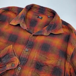 UNIQLO Flannel Plaid Long Sleeve Button Up Shirt Men Size L Orange Red Black